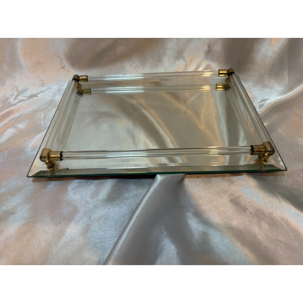 VNTG ART DECO DRESSER MIRROR PERFUME TRAY 11 X 9 VERY PRETTY W/FEET & RAILS